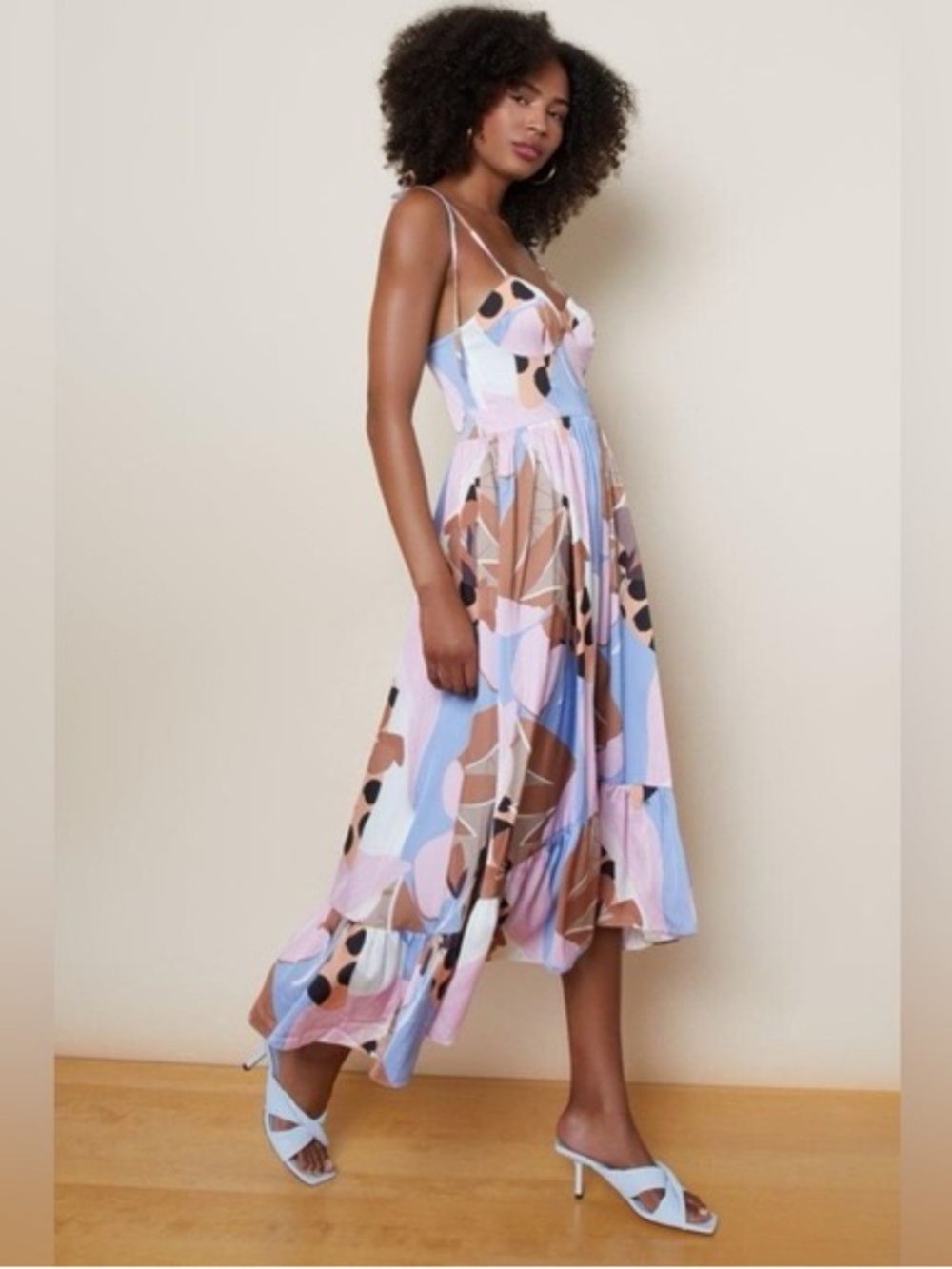 Hutch Abstract Tiered Midi Dress in Pink, Blue & Brown